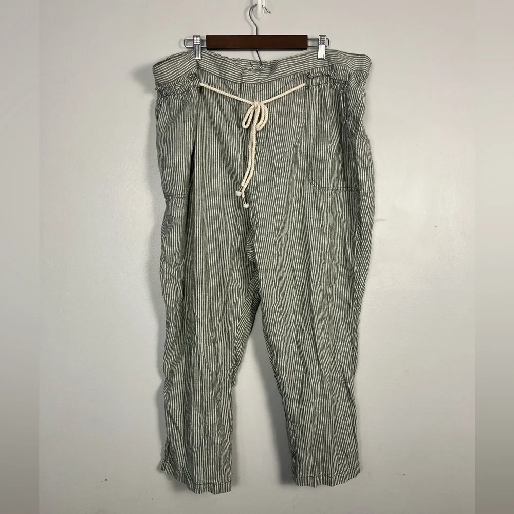 Anthropologie Seashore Linen Blend Pants Green/White Lagenlook size 3X